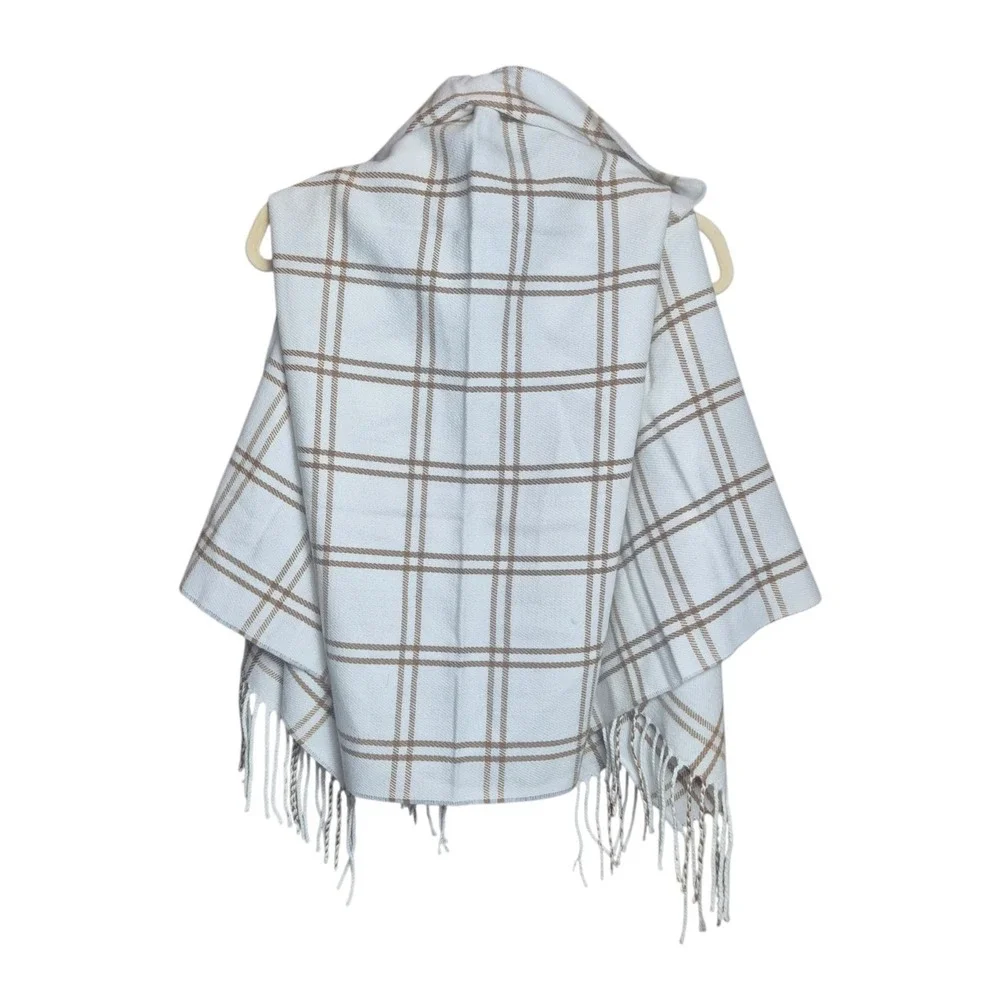 J.Crew Women's One Size Plaid Ruana Cape Wrap‎ Fringe Shawl Ivory Tan NWT